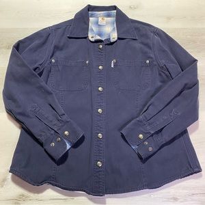 Carhartt Flannel Lined Duck Shacket Navy Outside, Blue/Gray Plaid Inside, Large